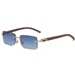 Newly arrival metal hinge wooden arms no frame rimless colorful lenses sunglasses