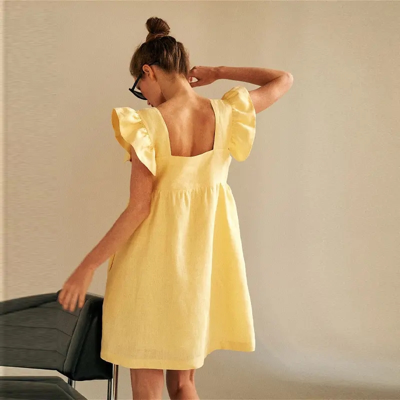 New Summer Solid Color Sun Dress Ruffle Dress Cute Women Beach Casual Shirt Short High Waist Mini Party Skirt Loose Simple Woven