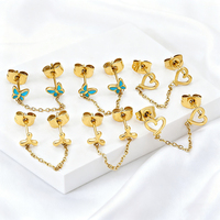 316L Edelstahl Herz-Emaille-Ohrstecker mit Kette, Doppelpiercing, Mehrere Farben, Hypoallergen, Anpassbar