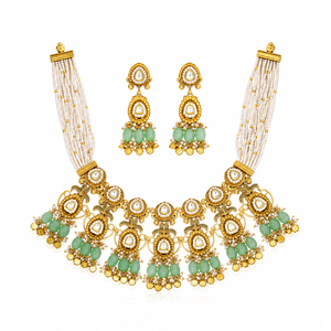Traditional 925 <b>Silver</b> Necklace and Earrings Set with White Beads and Green Stones Bridal Wedding Party Jewelry for Women - Product Image 5