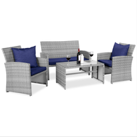 Mobilier d'extérieur en osier de haute qualité pour patio Table basse et chaise en verre trempé rembourrées en rotin pour 4 personnes avec 2 chaises
