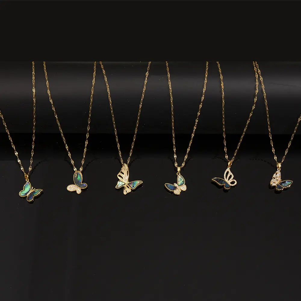 KOMI Vintage Abalone Shell CZ Butterfly Pendant Necklaces Luxury Titanium Steel Chain Women's Choker Paua Butterfly Necklace