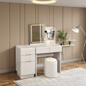 Meja rias berlampu LED dengan pemegang pengering rambut 5 laci meja rias putih Modern untuk kamar tidur dengan bangku bulat - Product Image 4