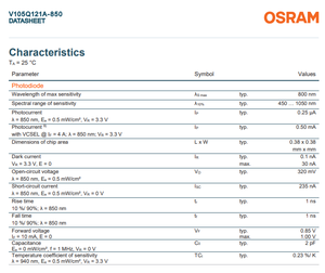 Lasers VCSEL OSRAM V105Q121A-850 BIDOS P2433 Q LED haute puissance 3W 2.45V 850NM 60X45 4-SMD Dimmable Garantie 3 ans - Product Image 5