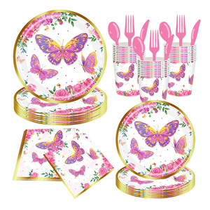 Kit de fournitures pour fête sur le thème des fleurs papillon : gobelets en papier, serviettes, assiettes pour décorations de fête - Product Image 1