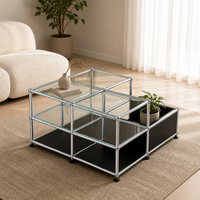 Table basse en verre robuste et résistante avec cadre en acier à revêtement électrostatique thermodurcissable, mobilier modulaire en métal