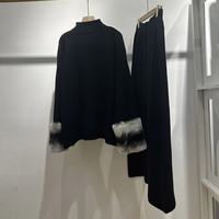 Ensemble pull en tricot à col montant et pantalon large en fourrure de lapin Rex pour femme, ensemble deux pièces pour l'hiver