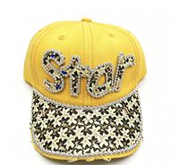 Casquette de baseball en jean avec lettres en strass multicolores et visière en dentelle noire et dorée, plusieurs couleurs disponibles en gros