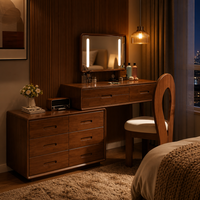 Coiffeuse en bois massif avec miroir LED rectangulaire rétractable, 8 tiroirs de rangement et chaise assortie
