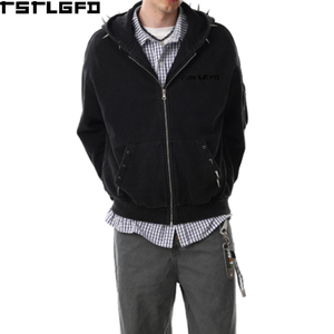 Sudadera con capucha pesada de corte y confección, con cremallera, con remaches metálicos, lavado ácido y efecto desgastado, estilo streetwear, corte holgado, al por mayor - Product Image 1