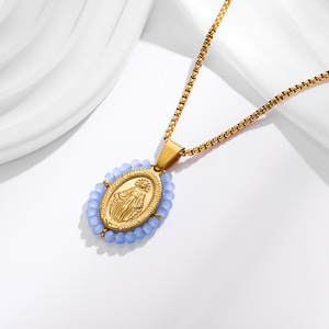HB0617 <strong>Best</strong> Selling 20*30mm Stainless Steel Turquoise Oval Bead Charm Pendant s Steel Circular Virgin Mary <strong>Necklace</strong> Wholesale - Product Image 4