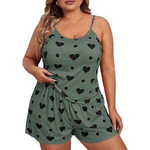 Bamboo Women's Plus Size Pajama Set 2 Piece Heart Print <b>Cami</b> Top Elastic Waist Custom Cotton Ladies Shorts Lounge Wear Sleepwear - Product Image 1
