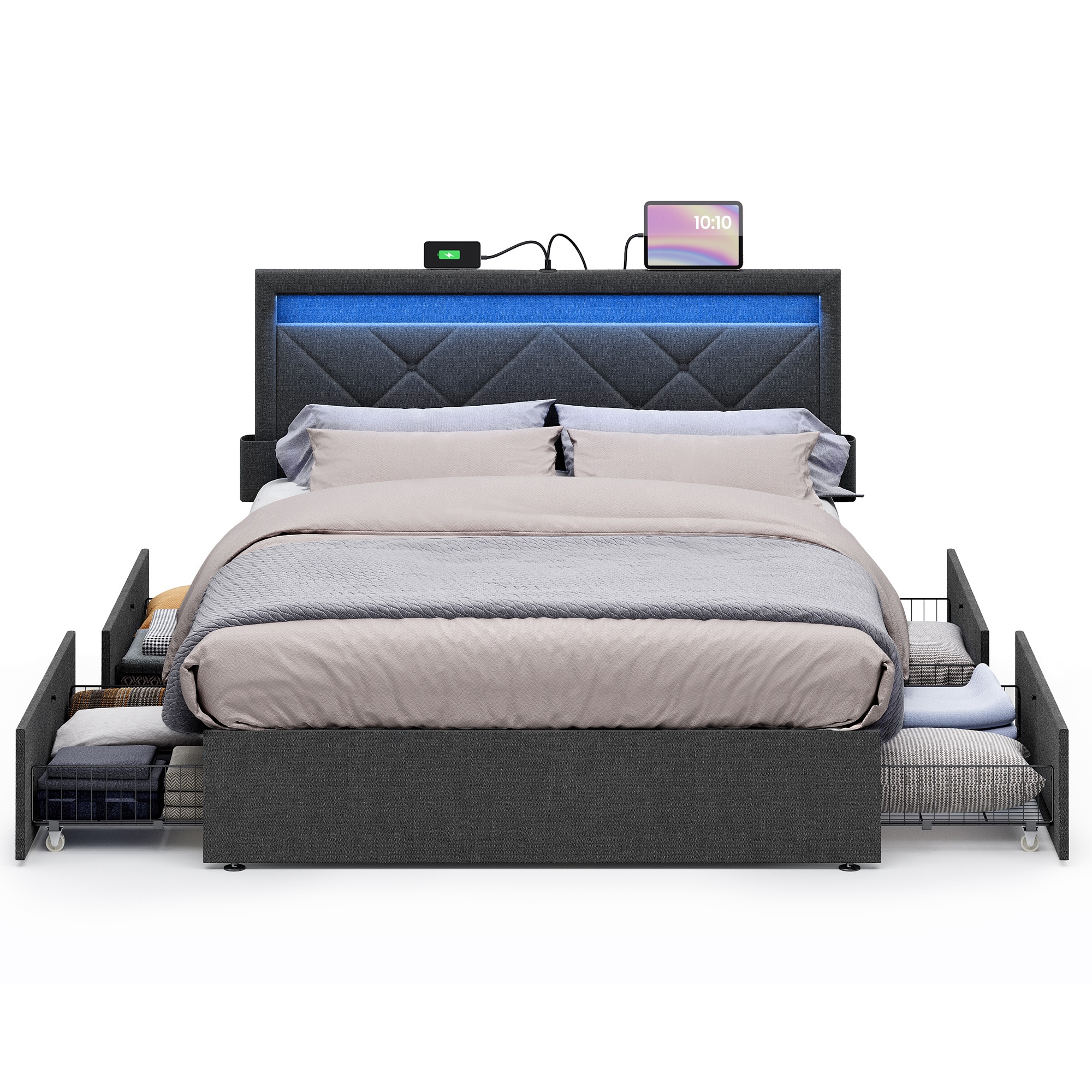 VASAGLE Multifunctional queen size bed frame with storage wholesale RGB Queen Upholstered Storage Platform Bed