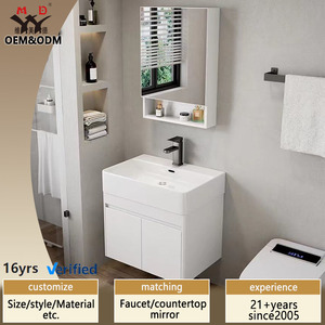 Moderno Mueble de Baño Flotante Blanco de 16 Pulgadas <span class=keywords><strong>con</strong></span> Doble Cajón, Espejo y Lavabo de Cerámica para <span class=keywords><strong>Baños</strong></span> Pequeños - Product Image 1