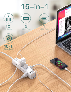 Regleta de Enchufes Power Max de 12 Tomas con Cable Trenzado de Carga Inteligente USB-C y Diseño Montable para Oficina en Casa - Product Image 2