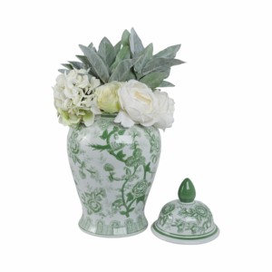 Vaso in ceramica con disegno di uccelli e fiori, urna decorativa verde e bianca per soggiorno, complemento d'arredo per la casa. - Product Image 2