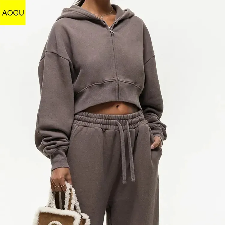 Pull-over personnalisé à épaules tombantes en molleton de coton épais avec fermeture éclair complète Sweats à capuche courts pour femmes