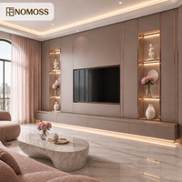 Meuble TV mural moderne de luxe avec finition laquée gris rose et cadre métallique or rose pour salon de villa, compatible avec les téléviseurs de 65 pouces et plus, facile à nettoyer