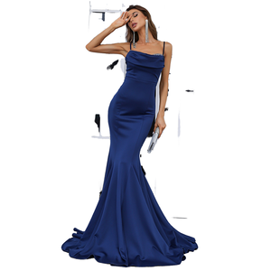 Vestido de noche elegante y sexy de verano con tirantes finos, estilo sirena, de satén con lentejuelas, largo hasta el suelo, corte imperio, cola de barrido, con sujetador incorporado y volantes. - Product Image 1