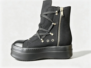 Black <b>Canvas</b> Platform Boots With Zip Closure <b>Round</b> Toe All Seasons Chunky Shoes - Product Image 1