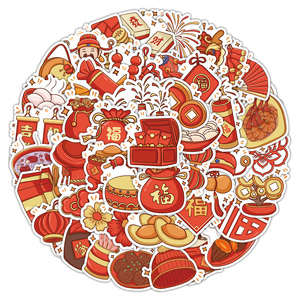 60pcs Cartoon New Year Stickers Cute Custom Waterproof Vinyl Chinese New Year Sticker for Wall Phone Window Bottle Decorative