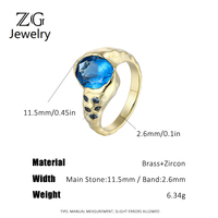 ZG Breiter Ring mit Hammerschlag-Optik, ovaler blauer Zirkonia im Lünettenfassung, Messing, vergoldet, Akzentstein-Schmuck