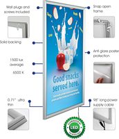 Cadre lumineux LED pour publicité, boîte à lumière avec cadre en aluminium argenté, montage mural, affichage avec protection anti-reflets et anti-UV