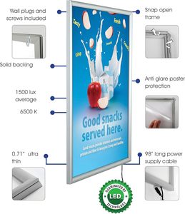 Snap <b>Frame</b> LED Advertising Light <b>Box</b> Sign Silver Aluminum <b>Frame</b> Wall Mount Lightbox Display with Anti Glare UV Protectant - Product Image 4