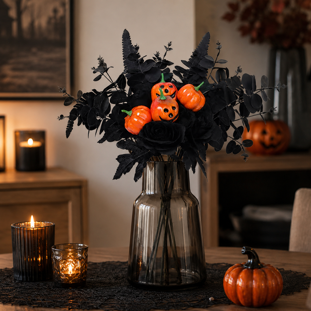 Elegant Gothic Pumpkin Black Rose Bouquet Vase Party Home Decor Faux Greenery Artificial Flowers Halloween Decorations