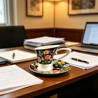 Ensemble tasse et soucoupe en porcelaine de 4 oz, bord incliné unique, forme irrégulière, tasse à café moderne, impression personnalisée, cadeau