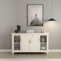 Buffet en bois massif blanc de luxe léger avec portes vitrées, meuble de rangement moderne pour cuisine et chambre avec tiroirs et poignées dorées