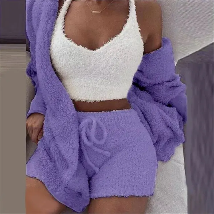 Custom Set Three Piece Suits Hooded Sleepwear Womens Faux Fur Fluffy Warm Pajamas