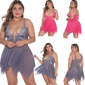 Chemise de nuit romantique grande taille en dentelle transparente avec broderie, string sexy en <span class=keywords><strong>tulle</strong></span> fin et demi-jupes - Product Image 6