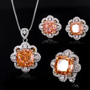 Di lusso ad alto tenore di carbonio diamante ghiaccio schiacciato CZ collana pendente con fiore anello rosa gemma donna matrimonio Set di gioielli raffinati