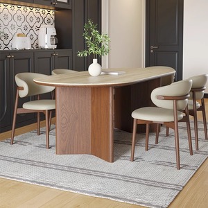 Bộ bàn ăn hiện đại sang trọng giữa thế kỷ, mặt bàn đá cẩm thạch oval, khung gỗ nguyên khối, 4-6 chỗ ngồi, nội thất nhà bếp đầy đủ, thiết kế đá travertine - Product Image 4