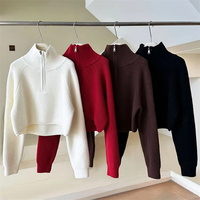 Pull à demi-fermeture éclair pour femme Style coréen Coupe ample et conception courte taille haute Automne et hiver Base tissée Haut tricoté