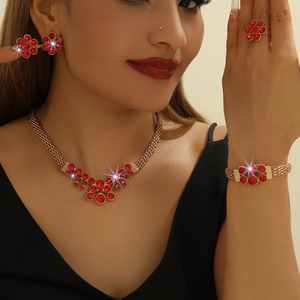 Europe and the United States cross-border <b>hot</b> hollow <b>red</b> rhinestone earrings chain necklace ring jewelry set ladies jewelry set - Product Image 1