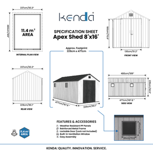 โรงเก็บของ KENDA GRANITE รุ่น Apex ขนาด 8x16 ฟุต - ความจุขนาดใหญ่พิเศษ, หน้าต่าง 4 บาน, รองรับการต่อขยายแบบโมดูลาร์ - Product Image 5