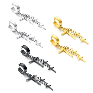 Korean fashion titanium steel men's ear studs cross pendant earrings trendy men street hip hop black ear buckles