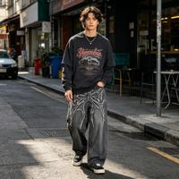 Jean baggy personnalisé 380 g/m² délavé effet vieilli avec appliqué brodé, coupe large et décontractée, style streetwear pour homme