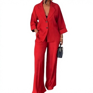 RN Designer Luxury Red Women's Formal Satin 2-Piece Suit <b>Set</b> Oversized <b>Blazer</b> Wide Leg Pant Elegant Office Wear Business Casual - Product Image 2
