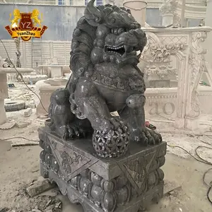 Dekorasi pintu masuk luar ruangan, patung anjing Foo marmer, patung singa anjing Fu granit ukir tangan Feng Shui Cina