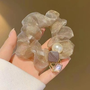 New Arrival French Organza Large Hair <strong>Scrunchies</strong> with Pearl <strong>Chain</strong> <strong>Scrunchies</strong> Simple Fashion Hair Rope with High Quality
