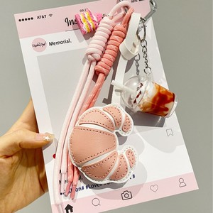 음식 모양 열쇠고리 팬던트 땋은 끈 가방 참 장식 귀여운 PU 가죽 크루아상 말차 밀크티 컵 키체인 - Product Image 3