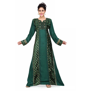 Green Mix <b>Match</b> Kaftan Designer Jalabiya Style Elegant Modest Wear with Fabric Panel Detailing and Premium Finish - Product Image 1