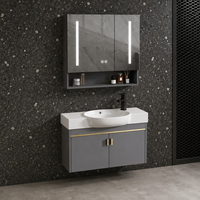 Ensemble de meubles de salle de bain pour hôtel, mural, en aluminium gris foncé, avec lavabo semi-encastré en céramique, miroir LED, personnalisable OEM ODM pour projets en gros