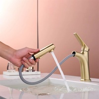Robinet Mitigeur Moderne Monotrou Doré Brossé Extensible pour Eau Chaude et Froide, à Poser sur Comptoir pour Meubles de Salle de Bain, Lavabos et Plans de Travail 34780