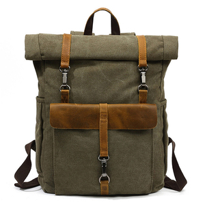Vintage <b>Canvas</b> & Full-Grain Leather <b>Backpack</b>, Roll-Top Design, OEM/ODM Custom Factory, Men's Laptop Bag - Product Image 1