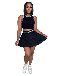 Y1434 Top corto da donna senza maniche alla <span class=keywords><strong>moda</strong></span> abbinato a gonna a pieghe Set di <span class=keywords><strong>moda</strong></span> sportiva - Product Image 4