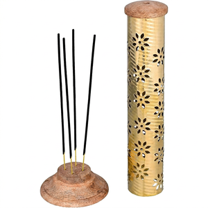 Handcrafted Wood Brass Incense Tower Burner Floral Cutout Agarbatti Ash Catcher Stand Zen Meditation Tabletop Home Decor - Product Image 1